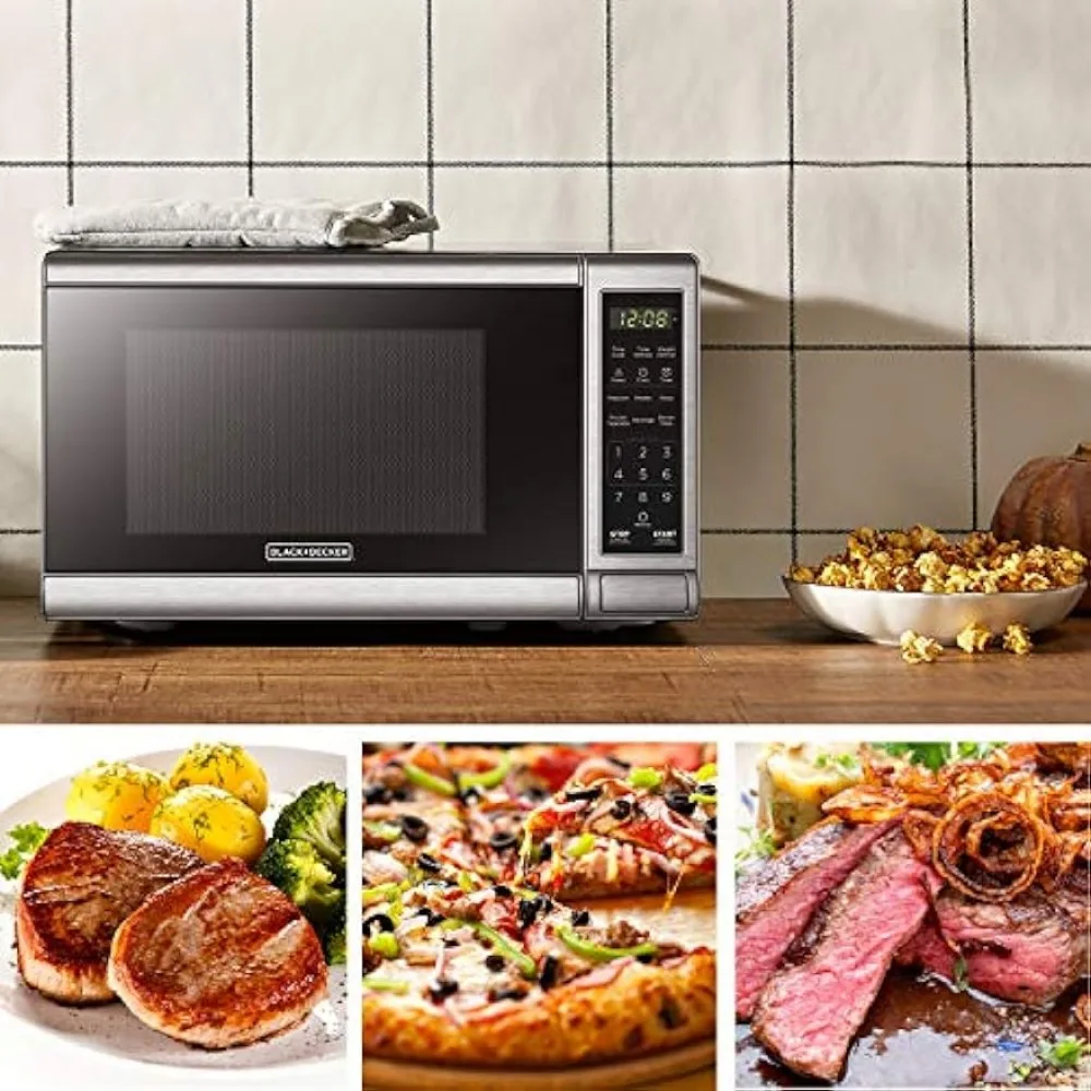 Oven Microwave Digital EM720CB7, pintu Tekan dan tombol putar, kunci keamanan anak, 700W, baja tahan karat, Cu.ft 0.7