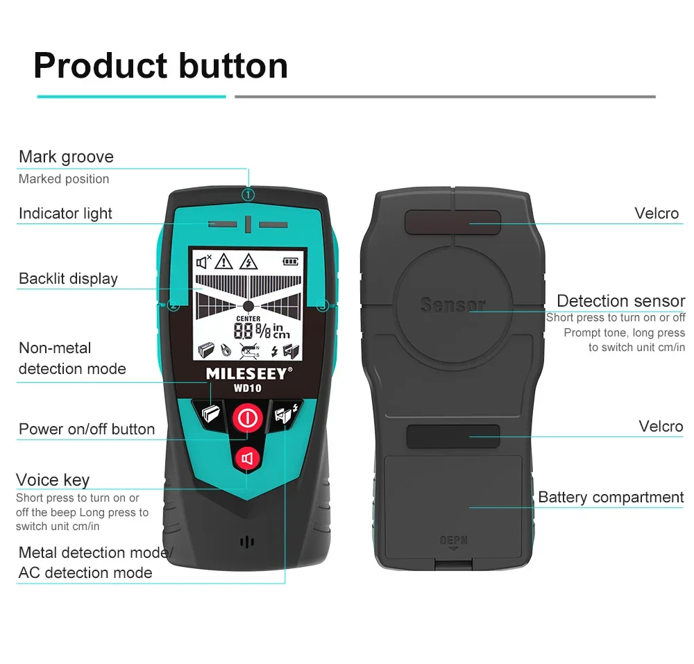 Imagem -06 - Mileseey-detector de Parede Multifuncional com Grande Sensor de Área Detector de Metais Handheld Stud Finder Scanner de Parede Detector de Fio