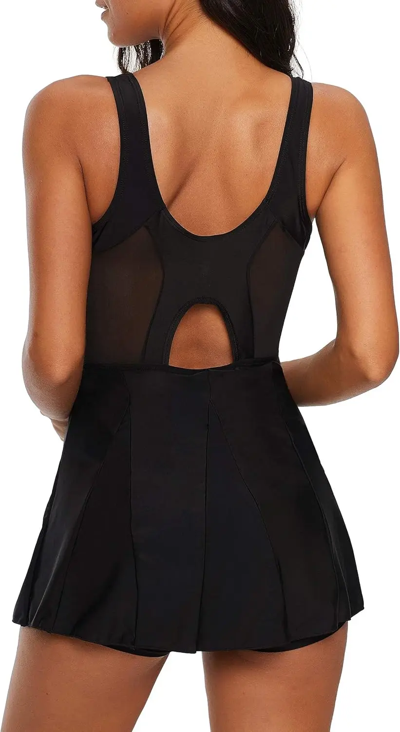 Durio Women's Swimming Dress, Tummy Control Push Up One-Piece Mesh Backless Elegant Swimwear with Cups Swimming Dress Swimsuit