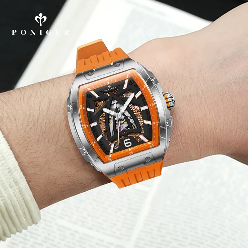 

Мужские автоматические часы PONIGER, 44 мм, механические наручные часы Tonneau, сапфировый светящийся скелет, 24 камня, 40 часов запаса хода