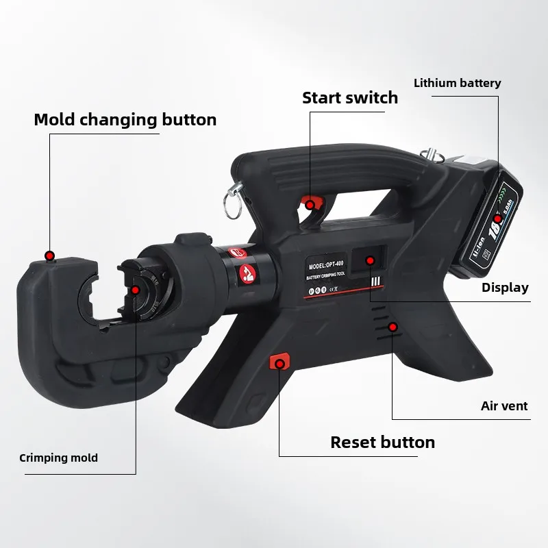 OPT400 Electric Rechargeable Hydraulic Pliers 220V Lithium Battery Portable Crimping Pliers for 16-400 Copper Wire Lugs for