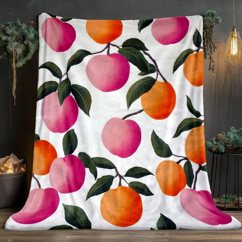 Cozy Peaches and Apples Flannel Throw Blanket Polyester Print Decor for Sofa Couch Bed Gift Farmhouse Cottage Style Seasonal Thr