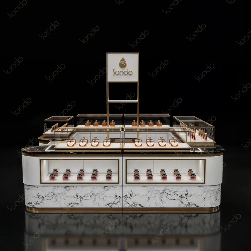 custom.Luxury Perfume Booth Kiosk Design Rotating Showcase Premium LED Lighting Fragrance Display Stands in Shopping Malls