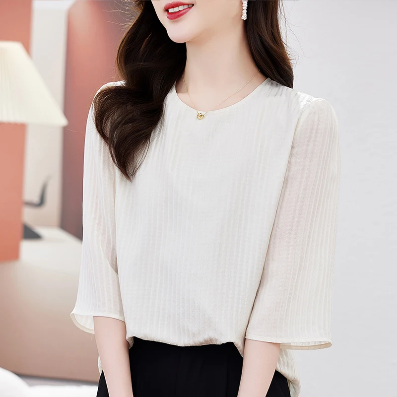 

100% Real Silk Women's White Shirt 2026 Summer Three Quarter Sleeve Elegant Shirts and Blouses for Women Solid Blouse Loose Tops
