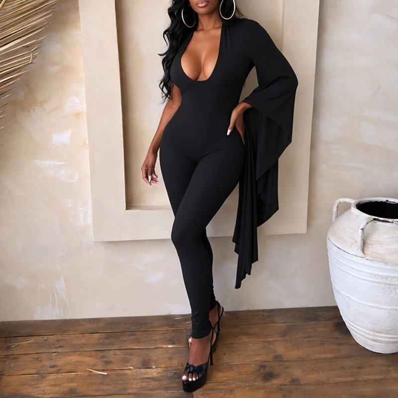OMSJ Sexy Halter Deep V-neck Asymmetric Open Back Lace Up Slim Solid One-shoulder Wrapped Hip Jumpsuit Women Street Club Rompers