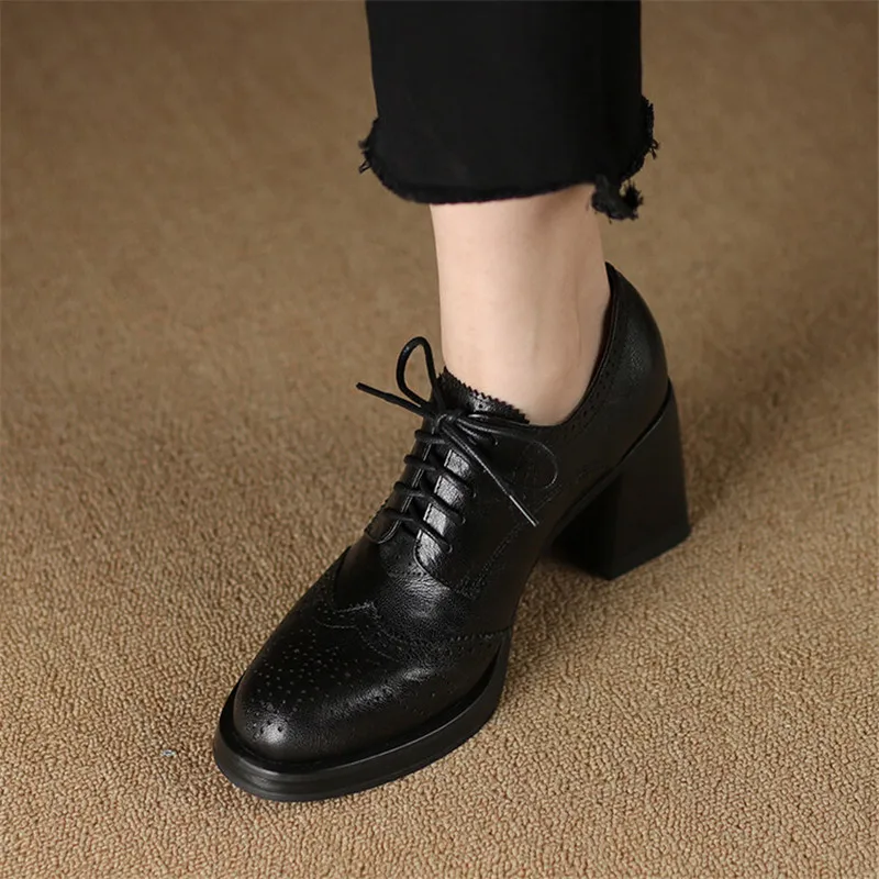 New Spring Genuine Leather Women Shoes Round Toe Women Pumps Brogue Designs Shoes for Women High Heel Lace Loafers Ladies Shoes