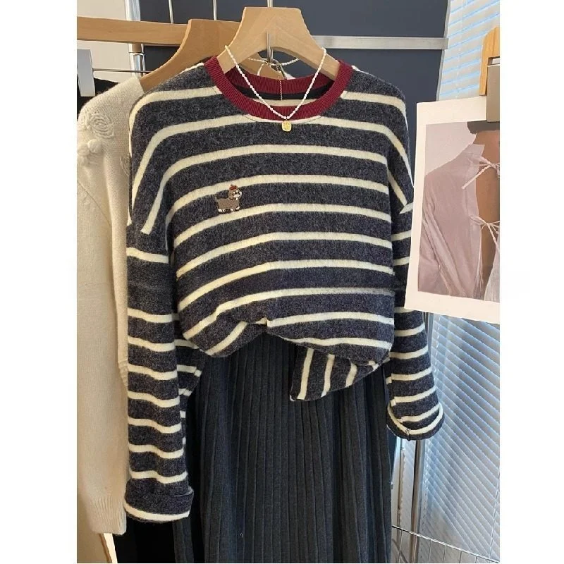 

Ретро-японская женская футболка в полоску с длинным рукавом, больших размеров, теплая, свободного кроя, удобная, для ношения под одеждой