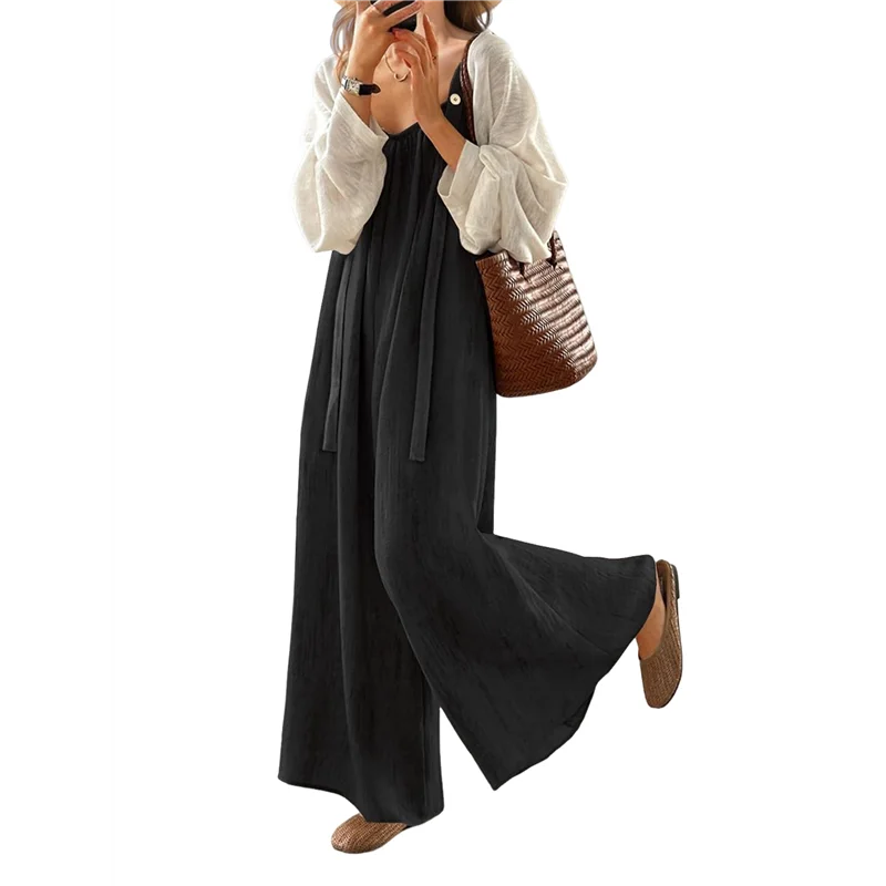 A83F-Casual Breite Bein Overalls Für Frauen Boho Plissee Overalls Strampler Sommer Outfits Mit Taschen