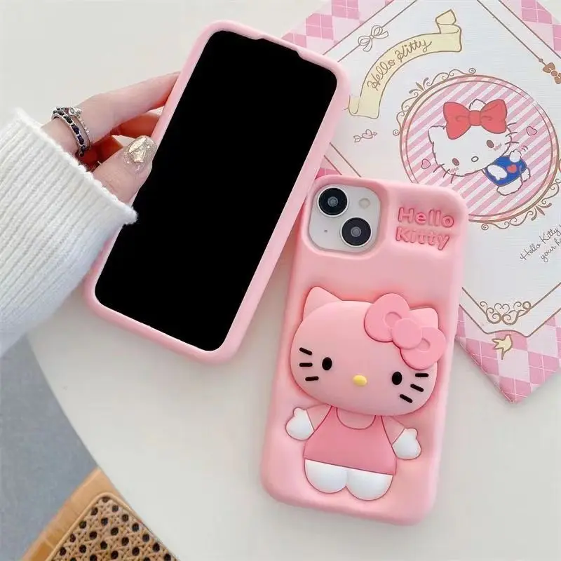 For iPhone 16 15 14 13 12 11 Pro Max Case Kuromi Kitty Stitch Head Holder Soft Silicone Soft Case