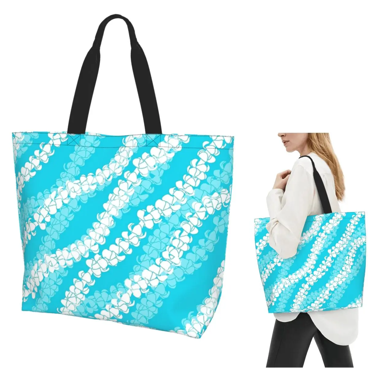 

Puakenikeni Single Leis On бирюзовая сумка для покупок, парусиновая сумка на плечо большой вместимости, продуктовая сумка для покупок для женщин