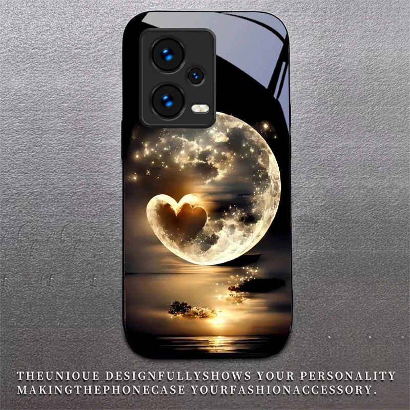 Romantic Moon Heart Black Glass Phone Case For Redmi Note 10 11 Pro+ 12 13 14 (Global) 14 Pro 5G K60 Ultra 13C 14C Glass Cover