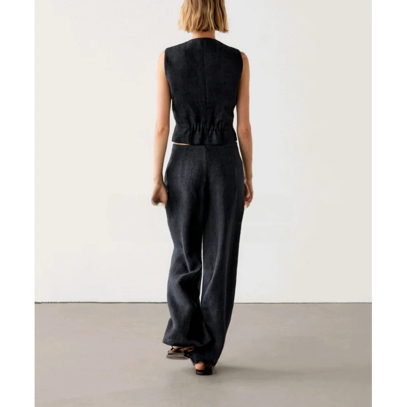 

Spring New V-ne Svel Suit Vest 6006544 Fake Denim Linen Lantern Long Pants 5072544 Faionable Women's Set