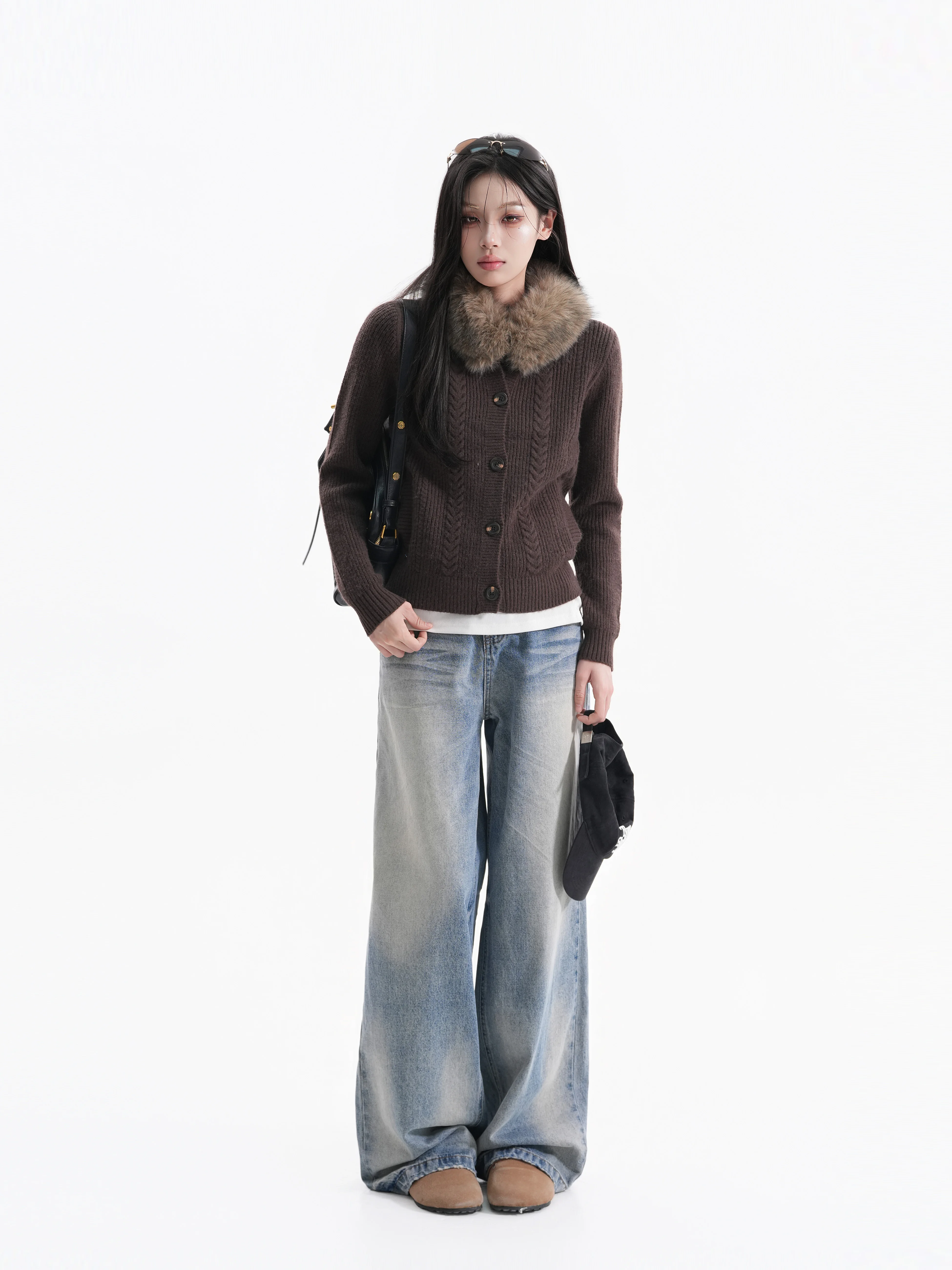 Short Knitted Sweater Women's Removable Fur Collar Knitwear Casual Style Loose Fit Long Sleeve round Neck Button Front Coat
