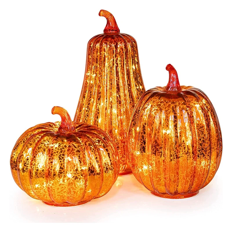 Glass Pumpkin Illuminated With Timer Ornaments Led Light For Centerpiece Thanksgiving Halloween Autumn Decoration