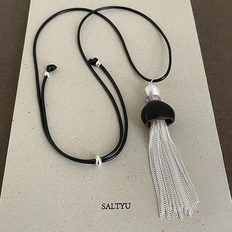Minar Personality Metallic Ball Beads Multi Chain Tassel Pendant Necklaces for Women Long Adjusting PU Leather Rope Chain Choker