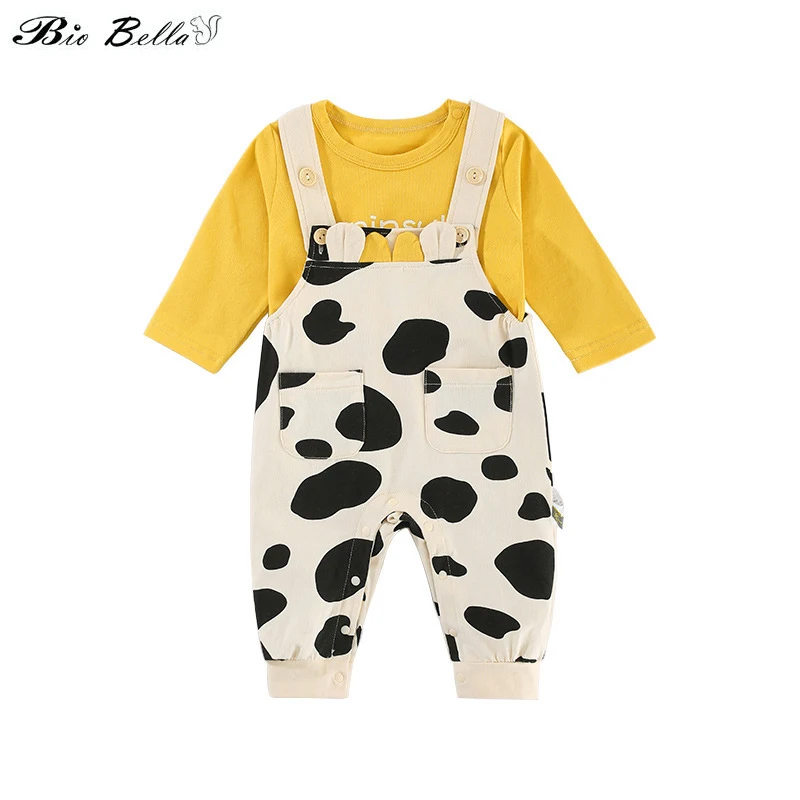 Fashion Baby Boy Suit Children Suits 2Pcs/Set Kids Boys Outfits Cow Model Yellow T-shirt+ Bibs Pants 2pcs Sets