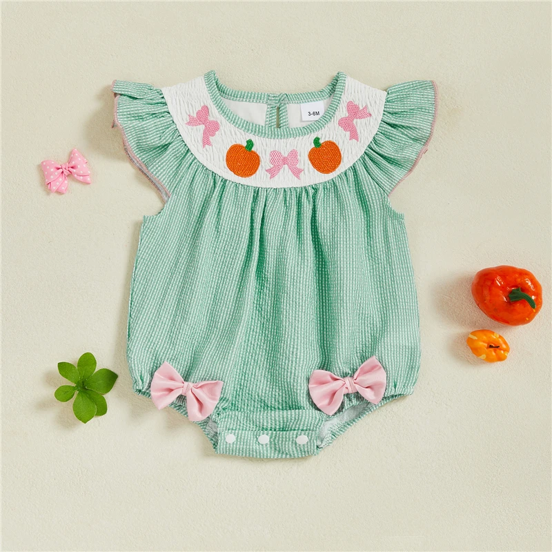 

Newborn Baby Girls Rompers Halloween Clothes Pumpkin Bow Embroidery Round Neck Fly Sleeve Bodysuits Jumpsuits