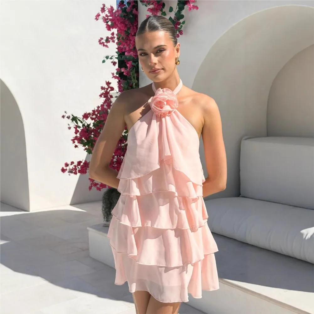 Backless Halter Neck Three-dimensional Flower Dress Summer New Women's Sexy Sleeveless Layered Ruffle dress Платье Женское