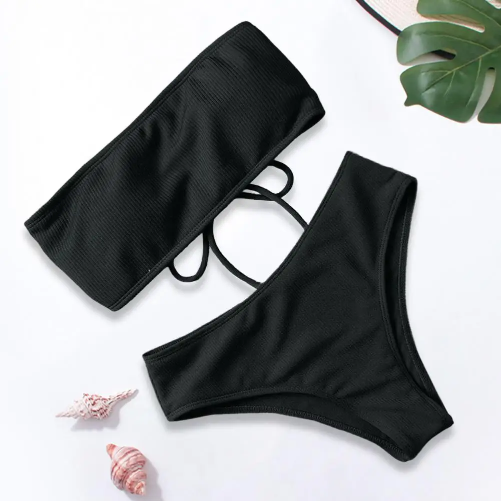 

Women Bikini with Chest Pad No Underwire Elastic Waist Bathing Two-piece Set Bandeau Swimming Trunks Split Bikini Set Beachwear