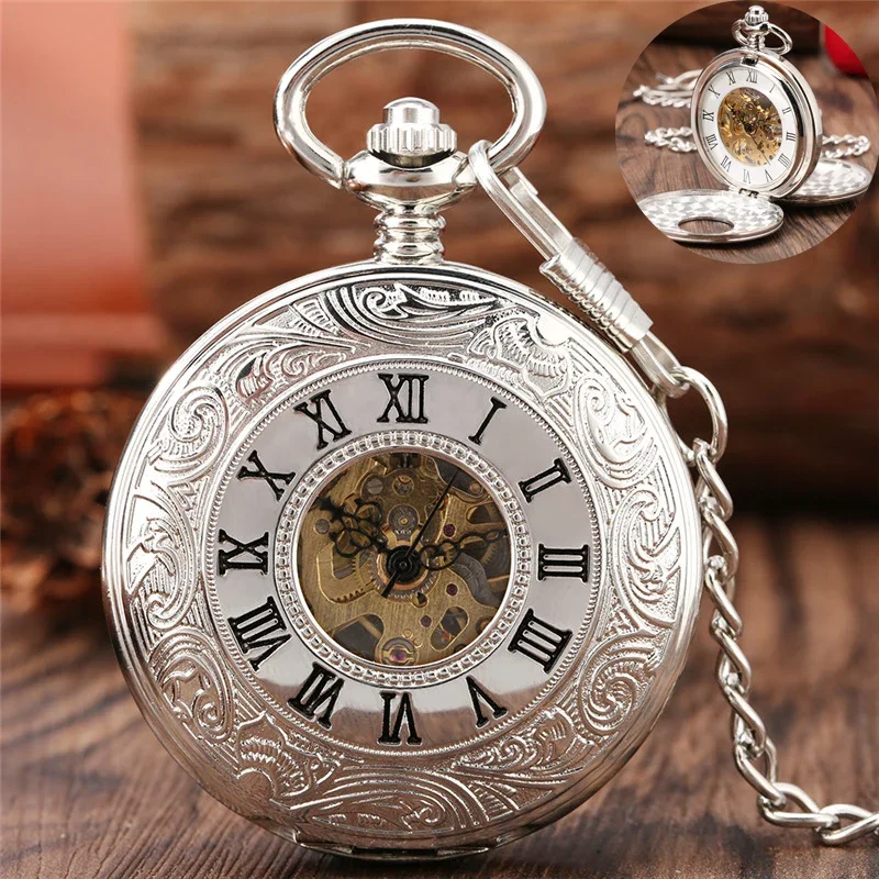 Reloj de bolsillo mecánico Steampunk de plata para hombres y mujeres, Reloj de cadena con colgante de esfera de Número romano de doble cazador