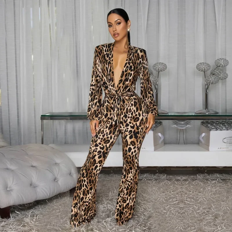 

GUWU Leopard Print Fashion Women's Sexy Deep V Neck Jumpsuit Long Sleeve New Party Jumpsuit