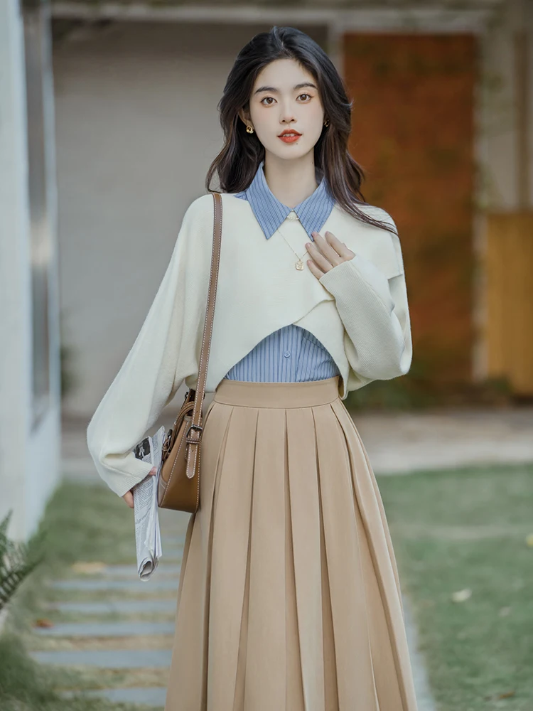 Fashion Elegant Three Piece Skirt Set Women Spring Autumn Sweater Shirt and Long Skirts Outfits