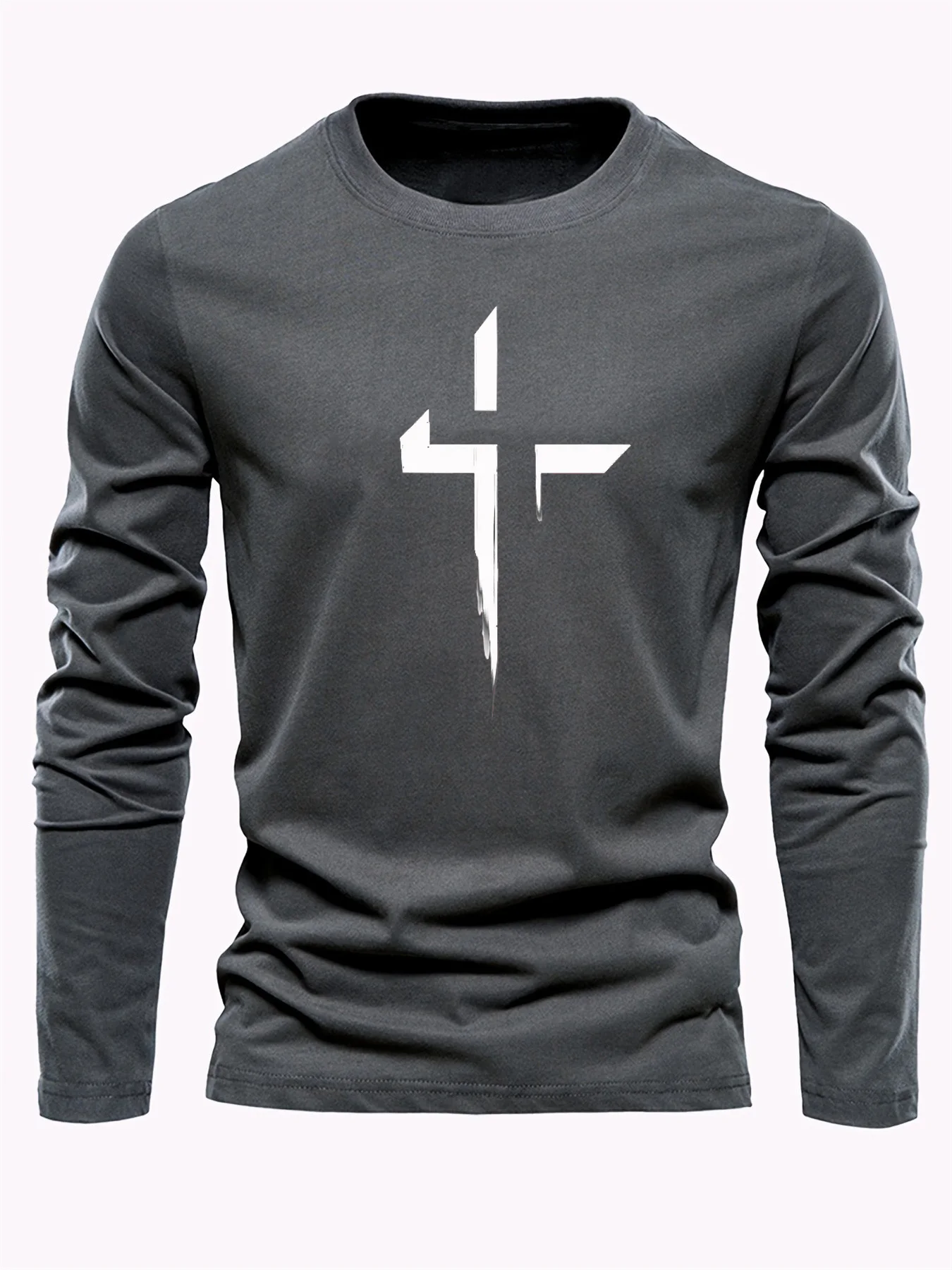 تي شيرت رجالي 100% من القطن الخالص فضفاض مقاس كبير مريح كاجوال رياضي مطبوع برقبة دائرية وأكمام طويلة #6