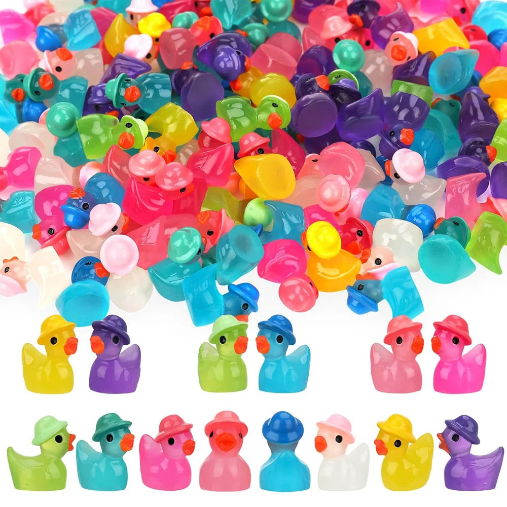 80Pcs Luminous Mini Resin Ducks,Tiny Duck Miniature Duck Figures Wearing Hat DIY Crafts Cake Decor for Micro Landscape