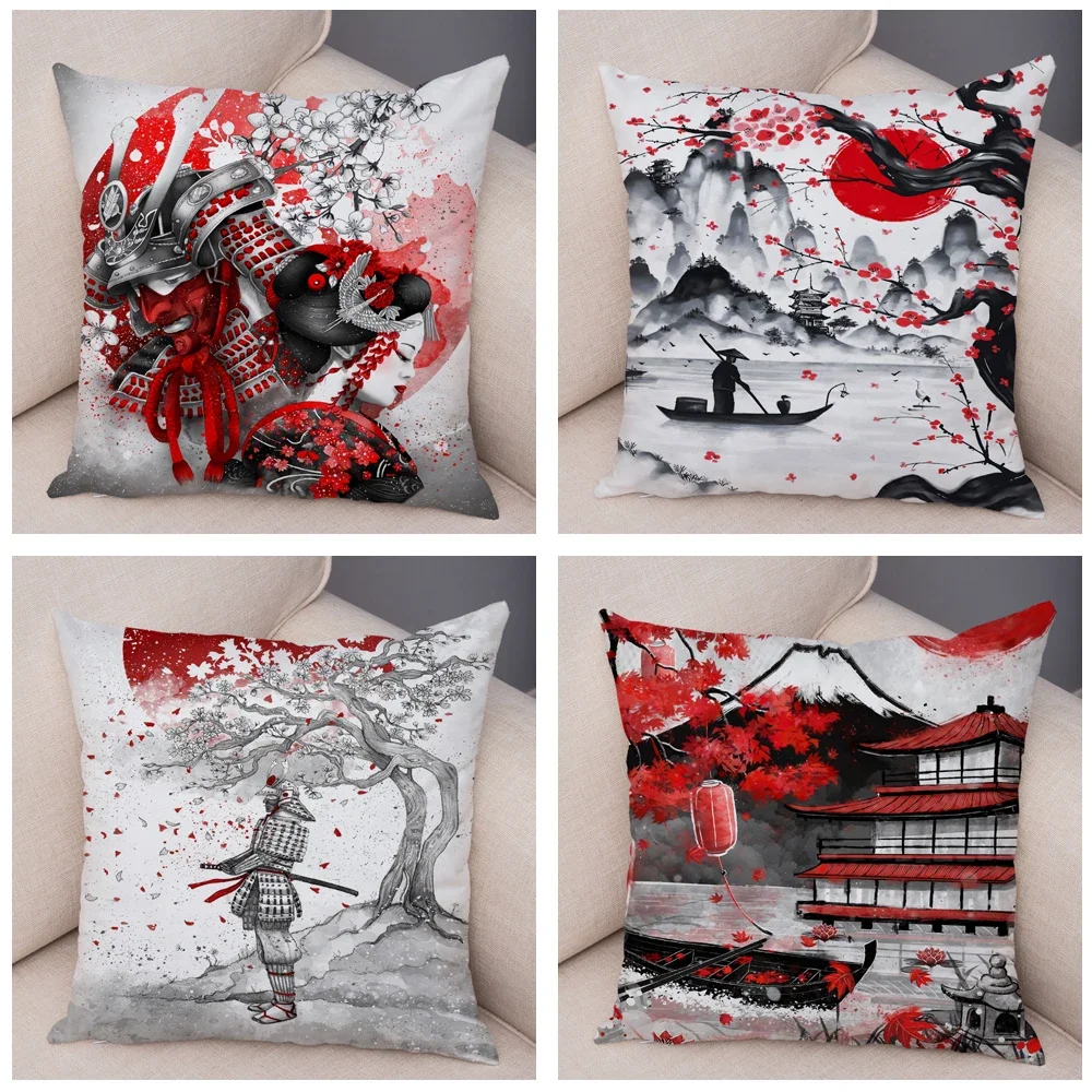 Japan Style Ink Cushion Cover for Sofa Home Double Print Decor Beautiful Scenery Warrior Girl Pillowcase Soft Plush Pillow Case