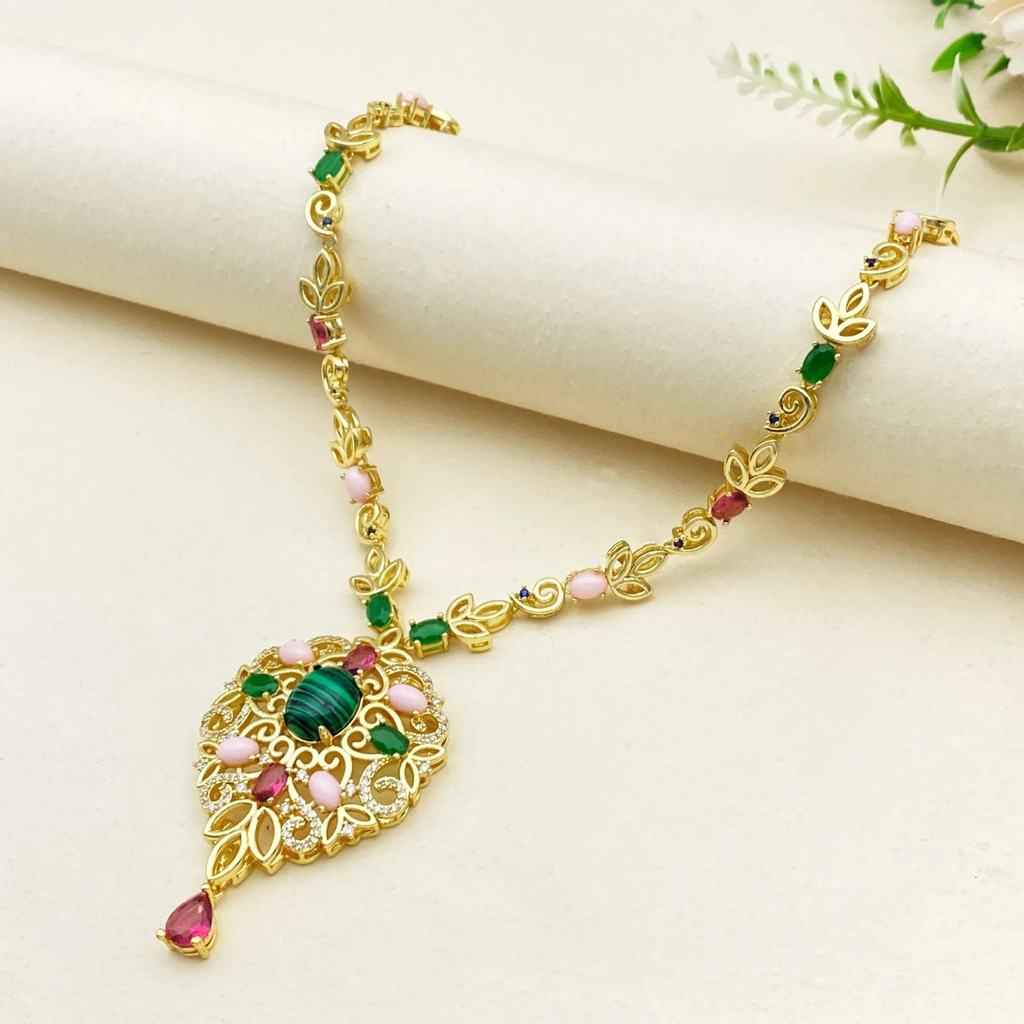 

Falair Colorful Zircon 4-Piece Wedding Jewelry Set Gold Plated Copper Luxury Necklace Earrings Ring Bracelet for Bride