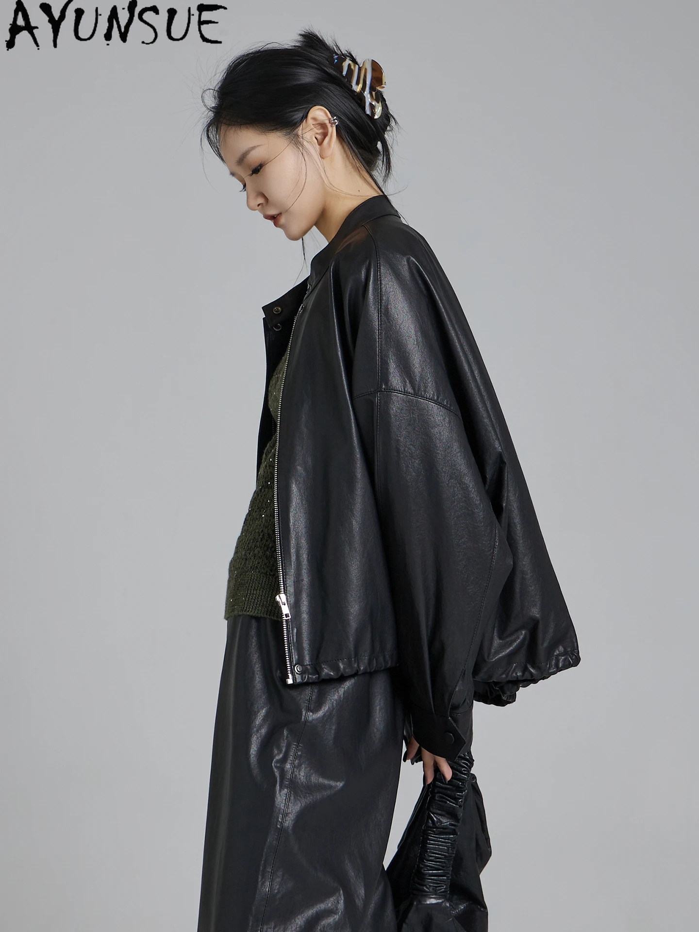 AYUNSUE سترة جلدية أصلية من جلد الغنم معاطف نسائية فضفاضة مناسبة للربيع والخريف معطف جلد 2025 أنيق Jaqueta De Couro