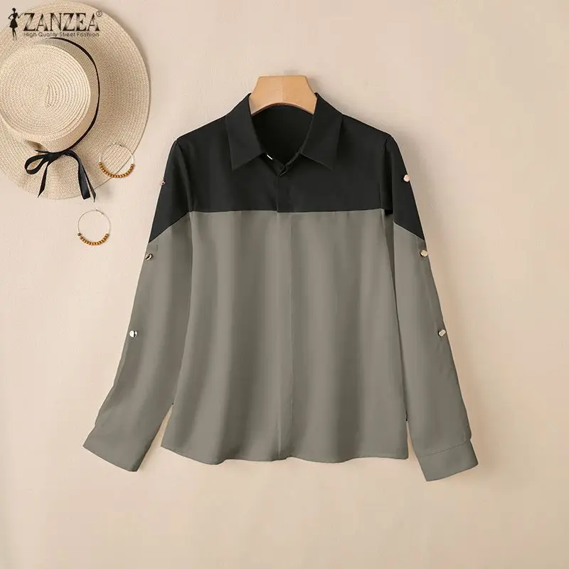 

Casual Daily Woman Shirts Fashion Contrast-Color Turn-Down Collar Long Sleeve Button Up Tops Spring Summer ZANZEA Woman Clothes