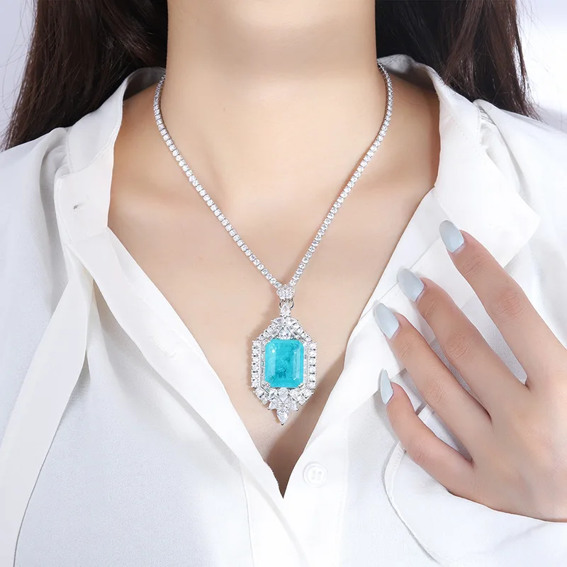 Jewelry Gold Plated European and American Fashion Emerald Paraiba Square 15*20 Pendant Necklace