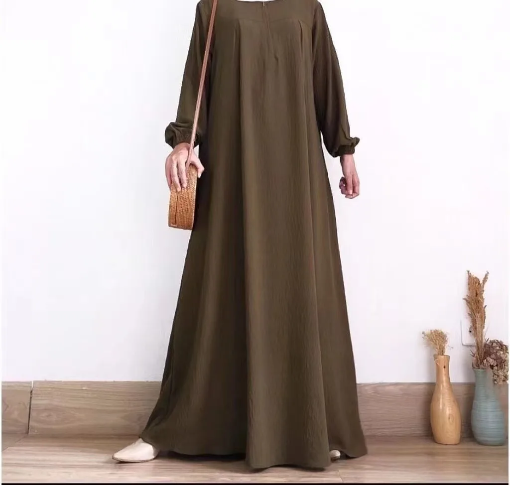 New Arrival Middle Eastern Muslim Women's Solid Color Puffed Sleeve Abaya - Round Neck, Front Placket Zipper, Elastic Cuffs