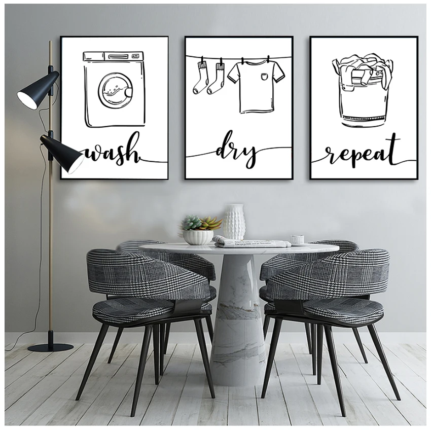 Sign Black White Pictures Bathroom Home Decor Modular Wall Art Print Canvas Painting Nordic Poster Wash Dry Fold Repeat Laundry