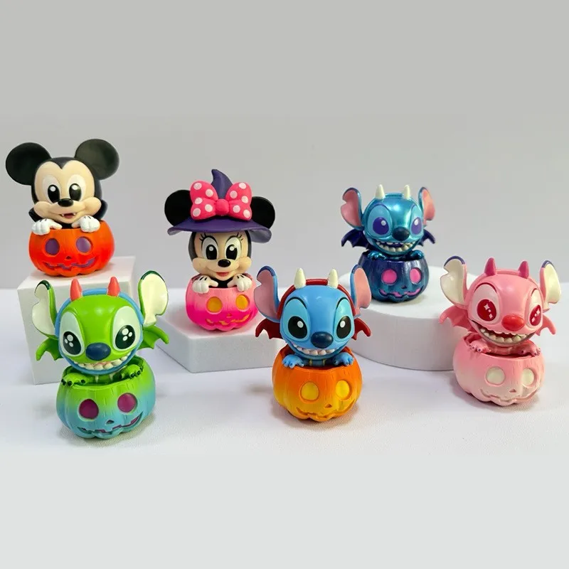 

6Pcs Mickey Stitch And Friends Pumpkin Series Mystery Stitch Pvc Model Doll Halloween Collection Toy Gift
