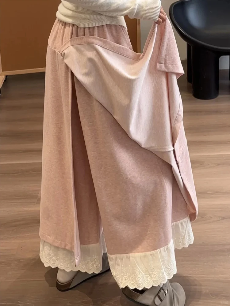 Pantaloni a gamba larga in pizzo tinta unita per donna Pantaloni gonna patchwork allentati a vita alta Pantaloni versatili primaverili autunnali alla moda