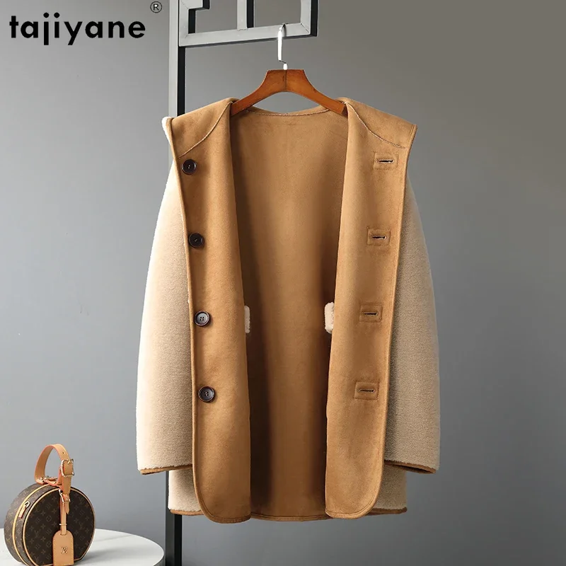 Tajeyane-Chaqueta de corte de oveja para Mujer, abrigos elegantes de lana, Abrigo de piel de longitud media con capucha, otoño e invierno, 100%