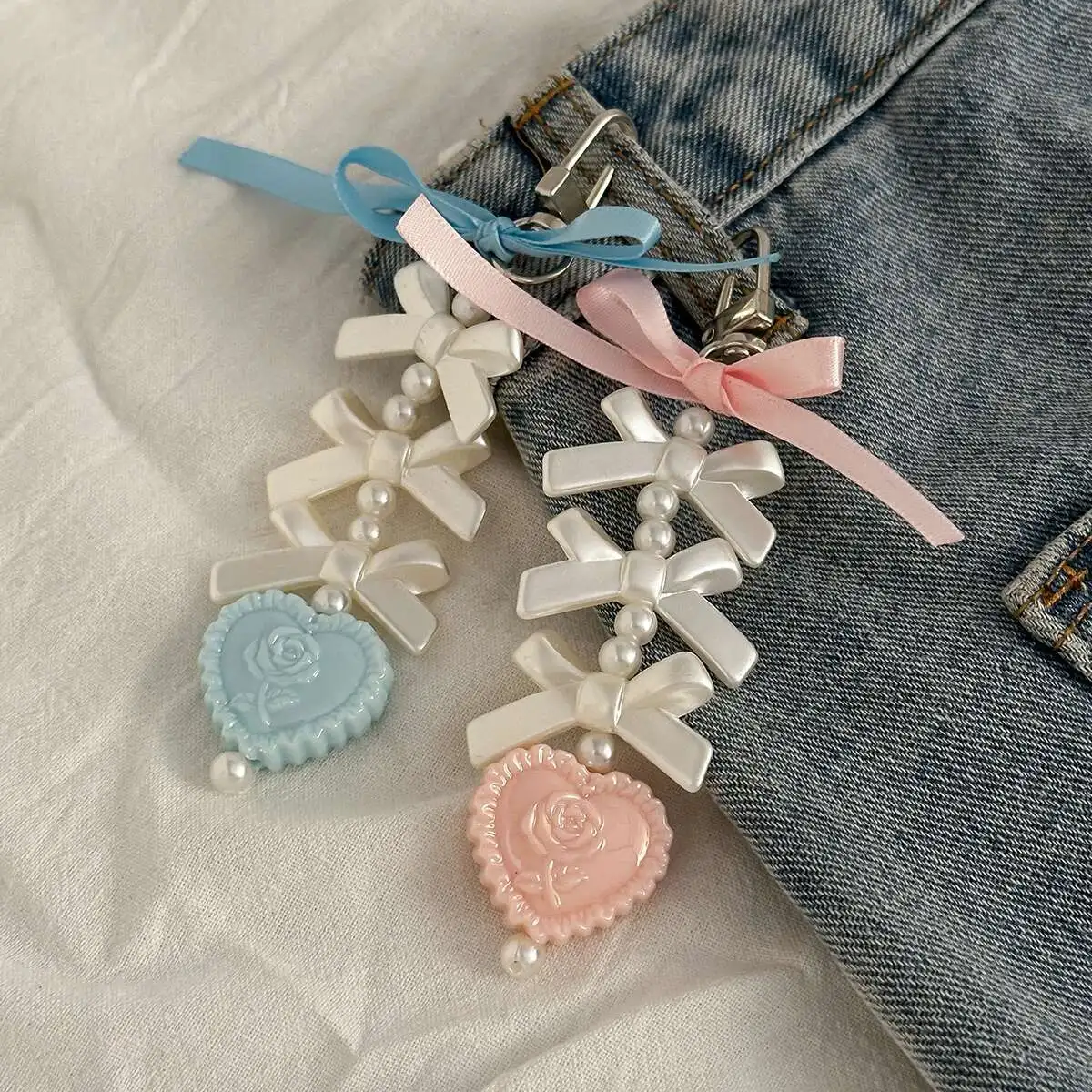 Salircon 2 Teile/satz Süße Rosa Blau Bowknot Herz Schlüsselbund Frauen Imitation Perle Bogen Perlen Riemen Tasche Schlüssel Kette Y2k Zubehör