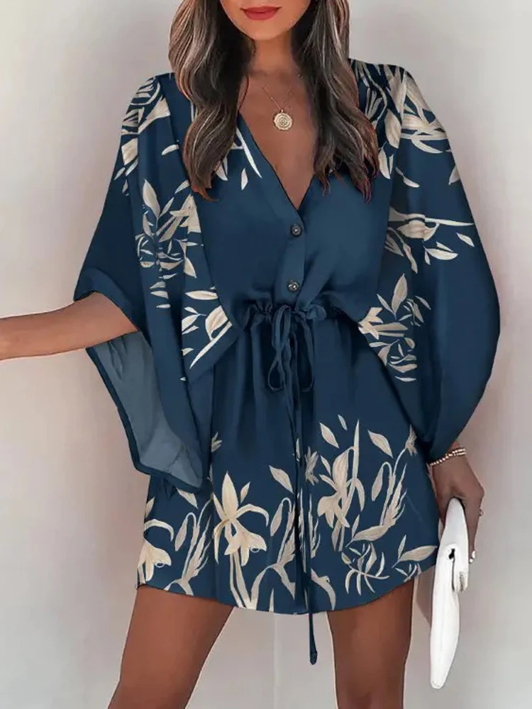 

Nice Summer Casual Shirt Dresses For Womens Vintage Chiffon Sexy V Neck Party Dress Ladies Elegant Print Mini Dress Boheme Femme