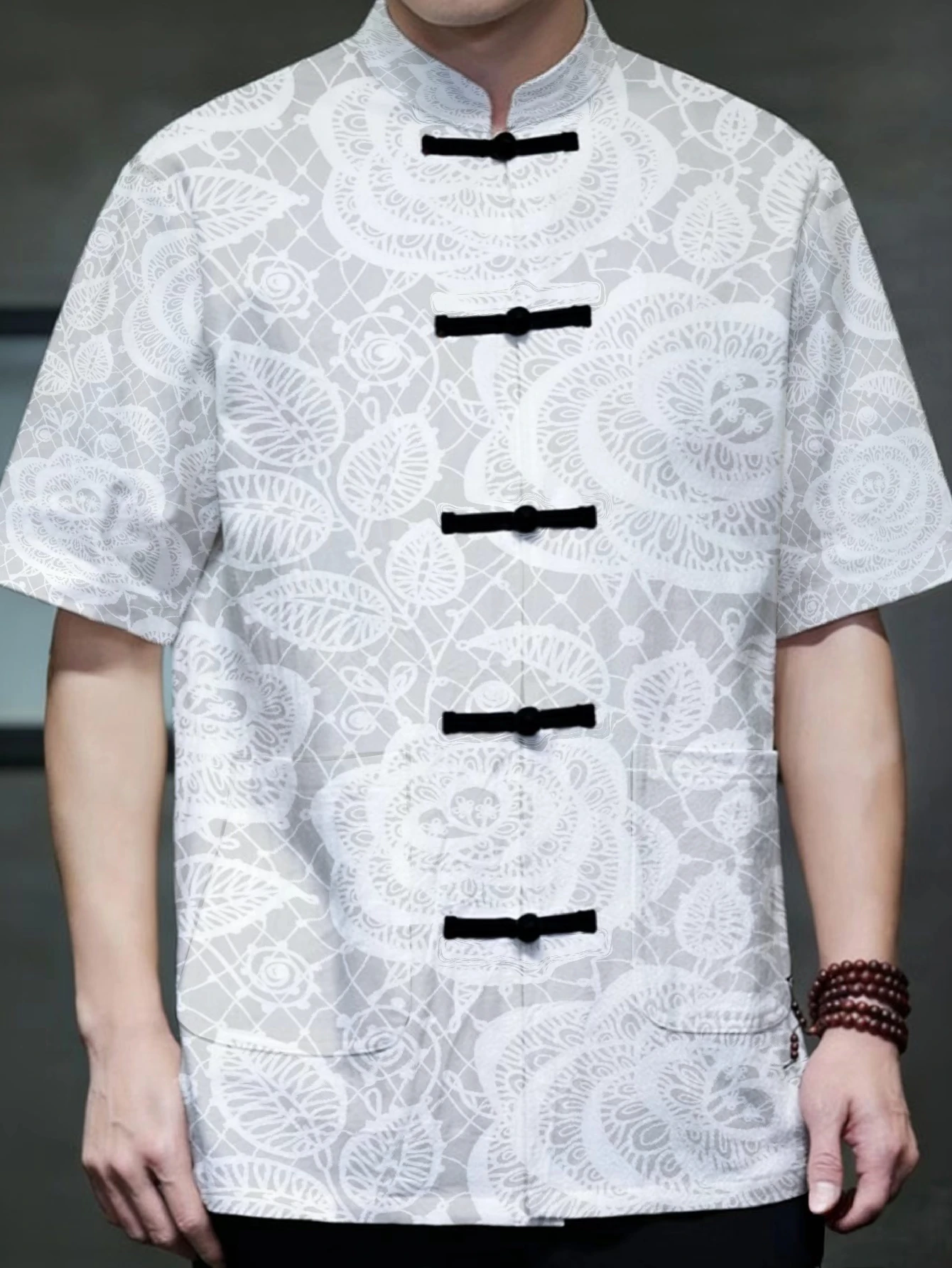 Men Mandarin Collar Frog Button Short Sleeve Shirt Brush Stroke Floral Abstract Print Traditional Top