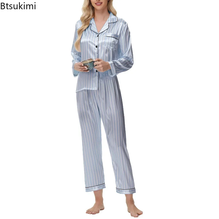 Women 2PCS Ice Silk Pajamas Set Spring Autumn Long Sleeve Button Up Shirt and Casual Loose Elastic Pants Sleepwear Loungewear