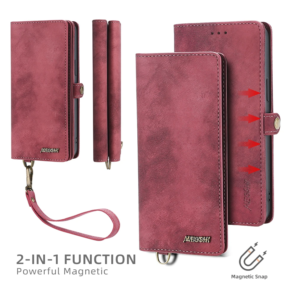 MEGSHI Luxury 2 in 1 Detachable Wallet Case for Galaxy S23 Ultra S23 Plus S23 S21 FE Magnetic Clasp Flip Leather Phone Case