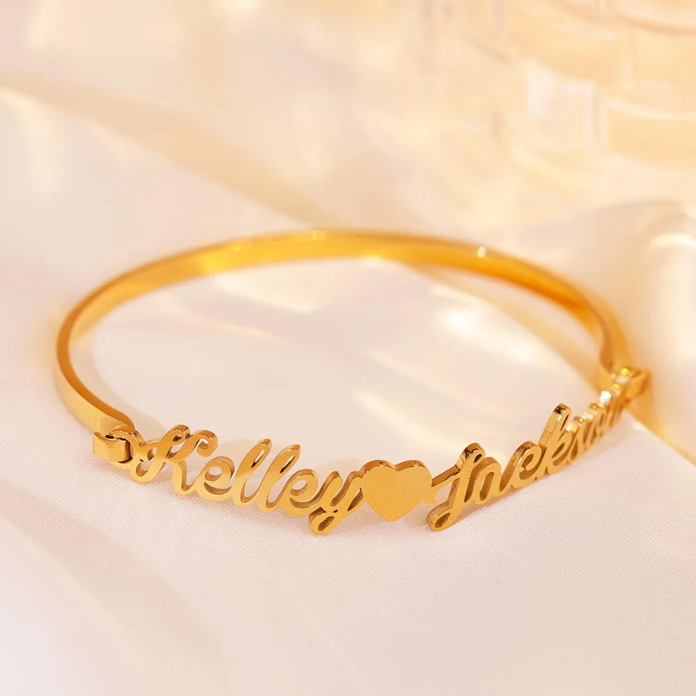 Custom Couple Name Romantic Cuff Bangles Fashion Stainless Steel Personalized Heart Bracelet Anniversary Birthday Jewelry Gift