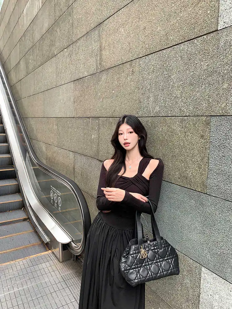 Abito a maniche lunghe con spalle scoperte grigio retrò anni '50 Abito lungo slim fit per le vacanze da donna Abito elegante a trapezio sottile con cuciture in vita