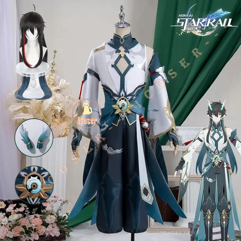 Disfraz de Cosplay de 5 estrellas Dan Heng Imbibitor Lunae, peluca Honkai Star Rail, uniforme, tocado, pendientes, Astral Express, accesorio de Halloween para hombres