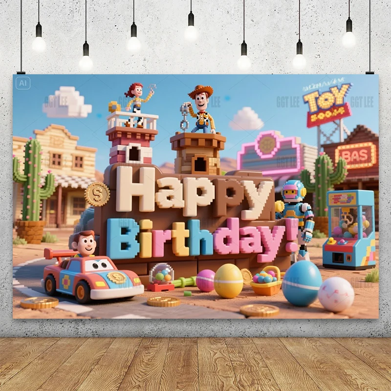 

MINISO Toy Western Carnival Backdrop - Woody Car Race & Buzz Claw Party Vinyl Decor Happy Birthday Photography Background Custom