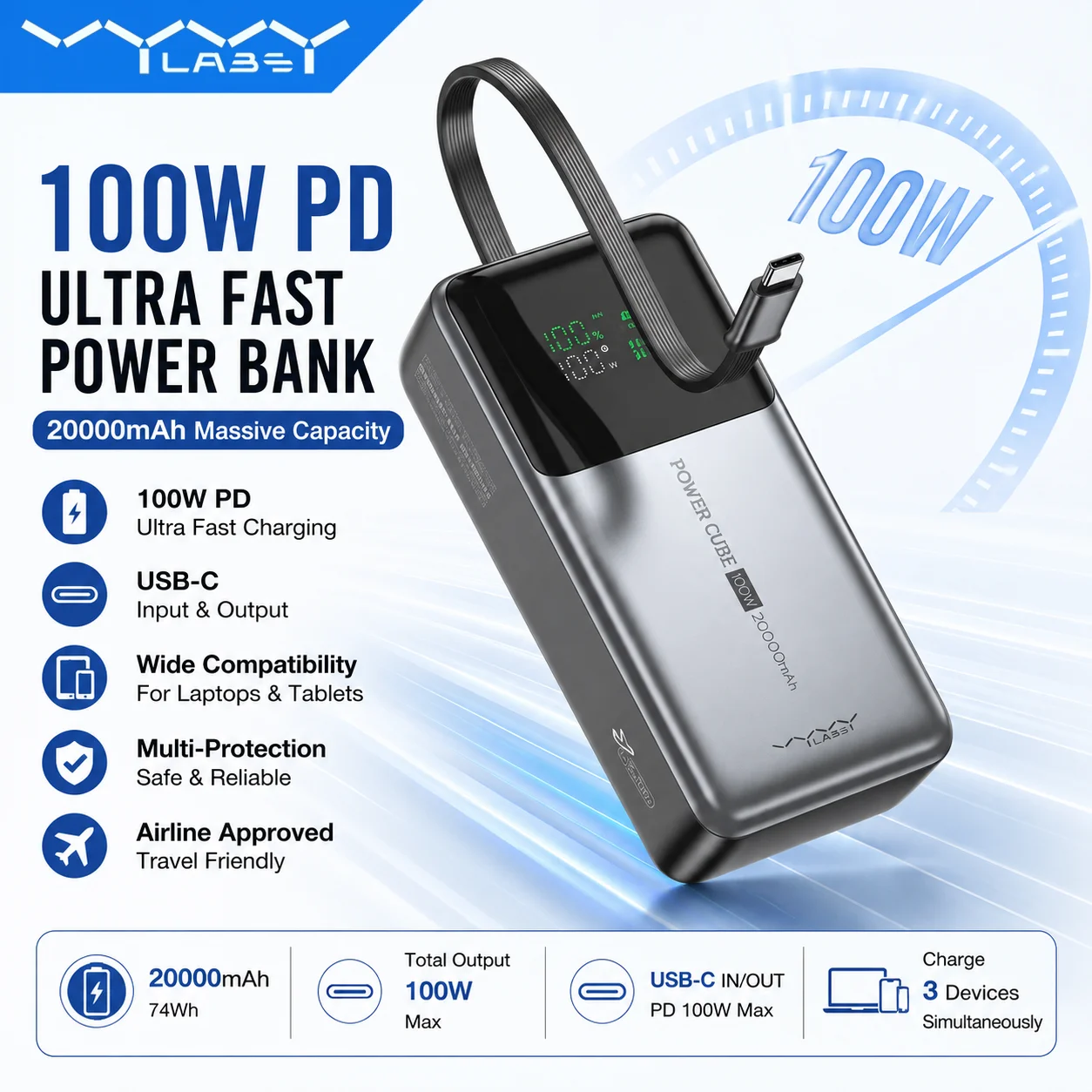 20000mAh Power Bank 100W PD Fast Charging with Type-C Fast Charging Cable External Battery Powerbank for Phone Laptop Tablet Mac