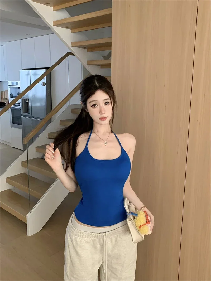Koreanischer Stil Mehrfarbiges Crop-Top mit Bindeband und integriertem BH-Pad – Sexy, eng anliegendes Tanktop für Damen – Detail 27