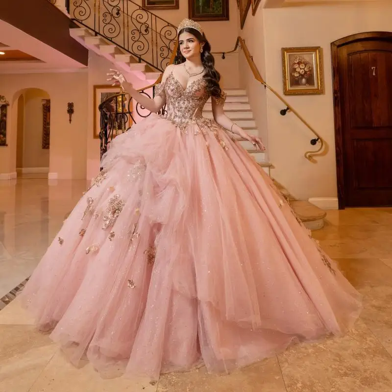 Customized Shiny Pink Off Shoulder Quinceanera Dres Tull sequin applique Lace beads vestidos de 15 Quinceanera ﻿